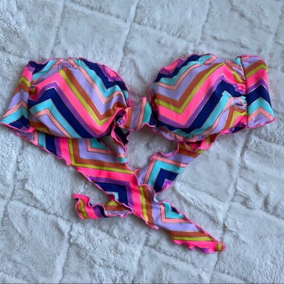 Victoria's Secret | Rainbow Foil Ruffle Chevron Stripe Bikini Top | Size Large - Picture 2 of 12